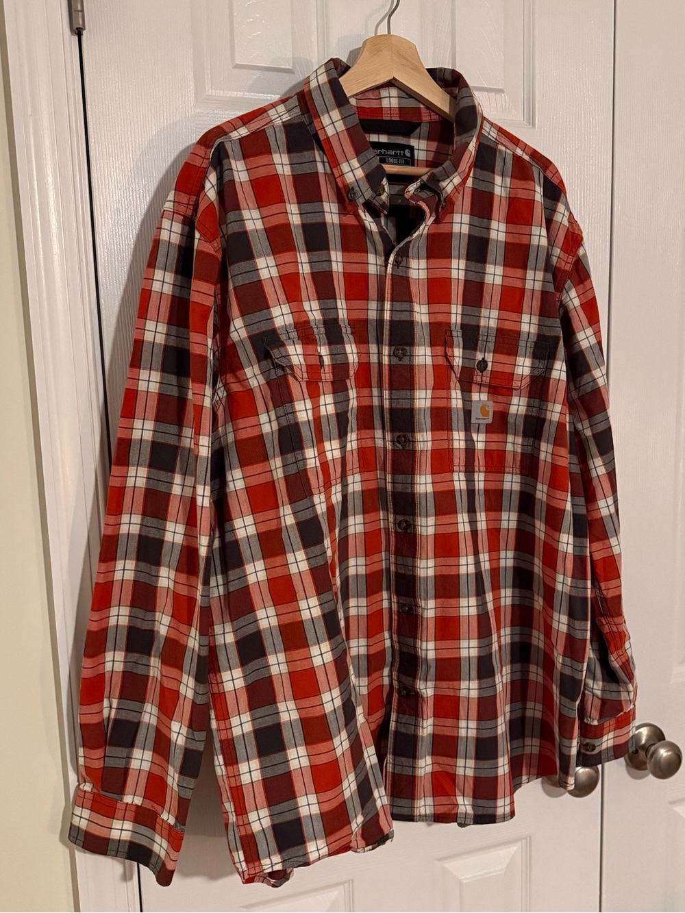 Carhartt Red and Gray Plaid Button-Down Work Shirt Loose Fit